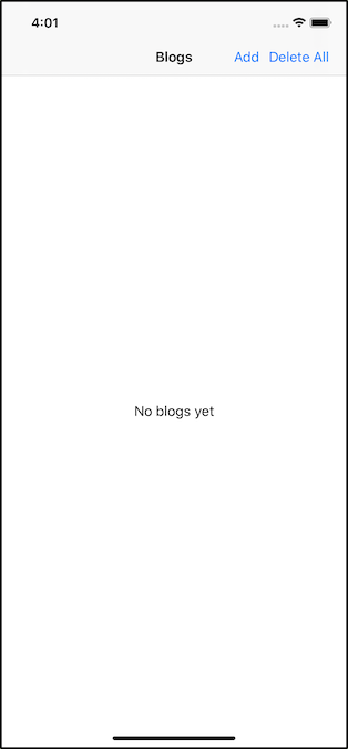 Screenshot dell'app con tutti i blog eliminati