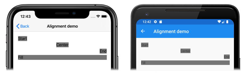 Screenshot di un oggetto StackLayout con le opzioni di allineamento impostate