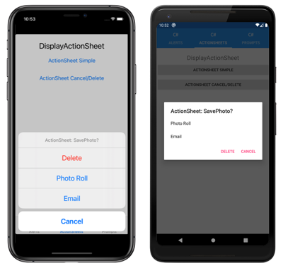 Finestra di dialogo ActionSheet con pulsante di eliminazione automatica, in iOS e Android