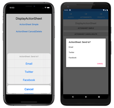 Finestra di dialogo ActionSheet, in iOS e Android