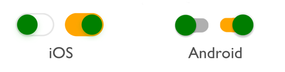 Screenshot di Switch in stato attivato e disattivato, in iOS e Android con i colori modificati.