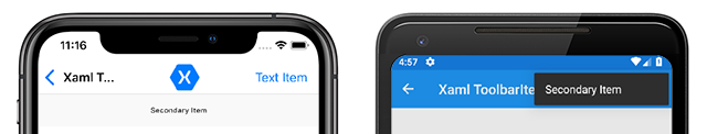 Screenshot del menu secondario ToolbarItem android e iOS