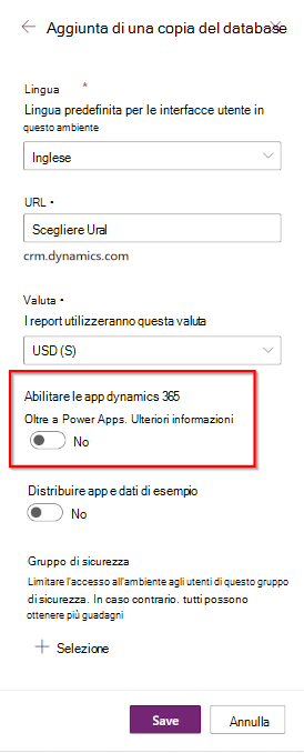 Interruttore dell'app D365.