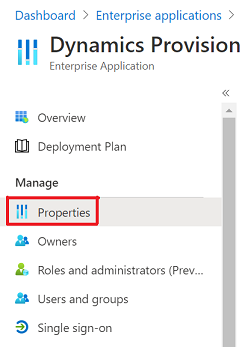 Schermata in cui viene visualizzata l'opzione Proprietà per Dynamics Provision.