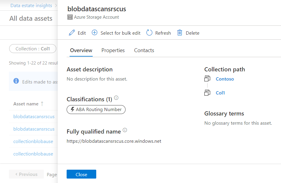 Screenshot della schermata dell'elenco di asset, con un asset selezionato per la modifica e la schermata di modifica dell'asset aperta all'interno dell'applicazione Data Estate Insights.