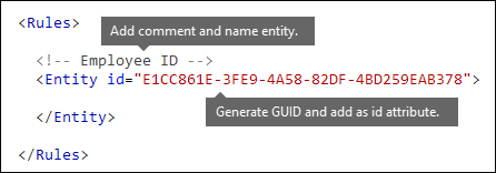 Markup XML che mostra le regole e gli elementi Entity.