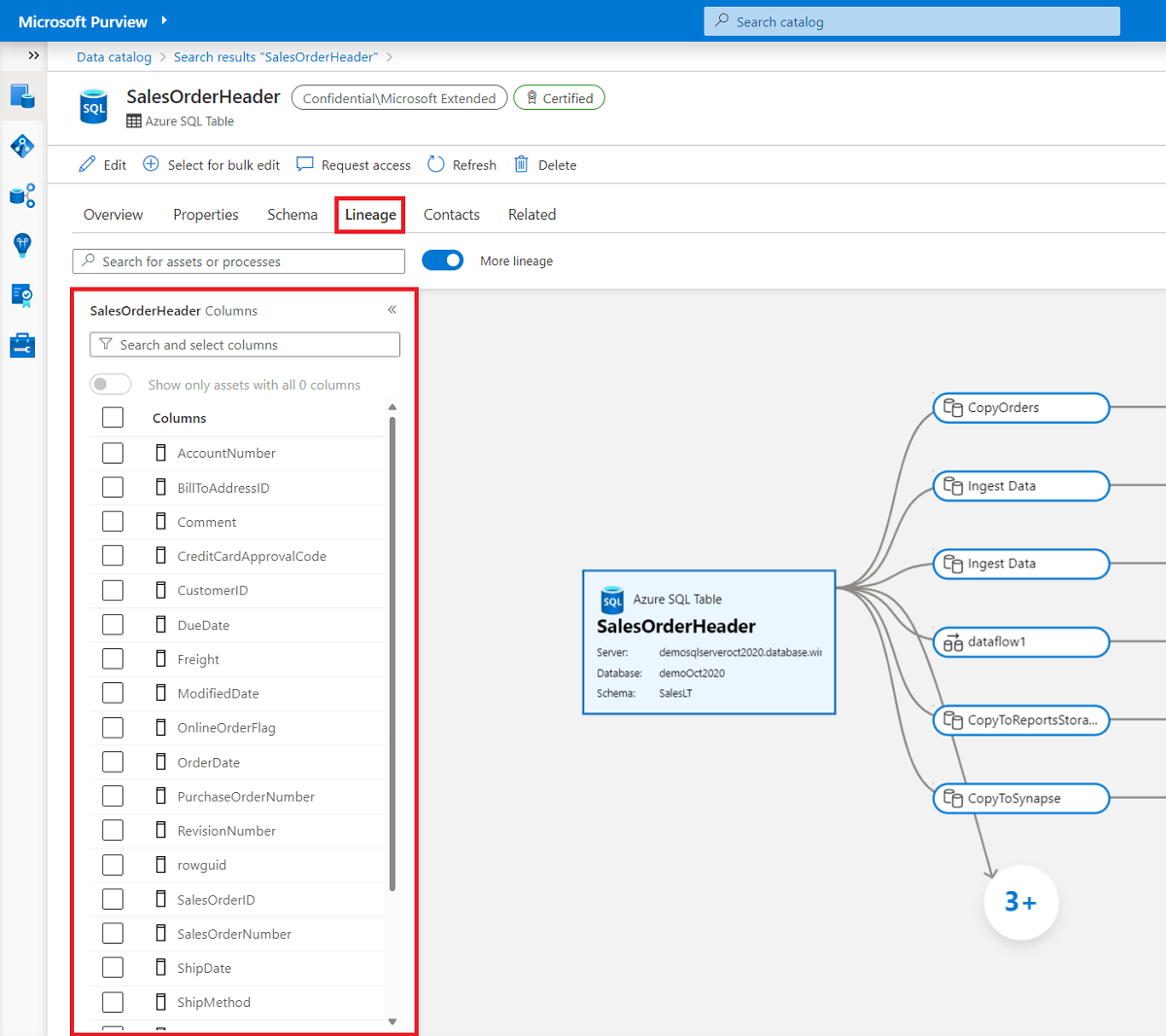 Screenshot che mostra come selezionare Visualizza colonne nella pagina di derivazione.