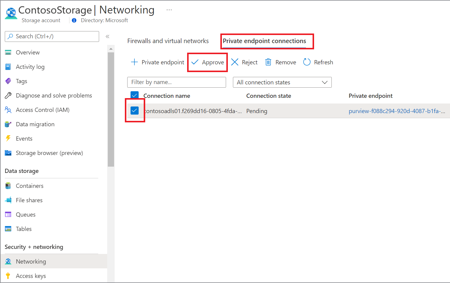 Screenshot che mostra come approvare un endpoint privato per le origini dati in portale di Azure