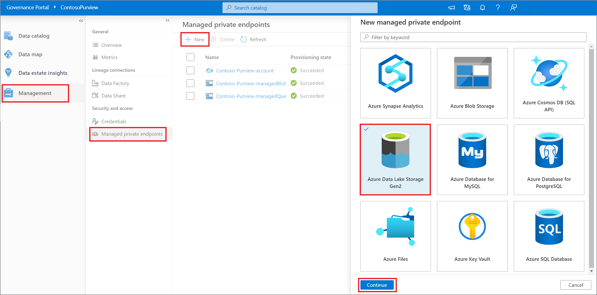 Screenshot che mostra come creare un endpoint privato gestito per le origini dati