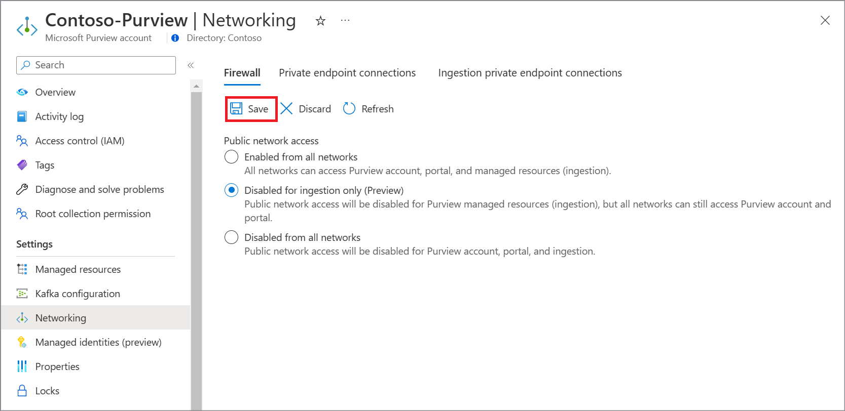 Screenshot che mostra la pagina del firewall dell'account purview, selezionando Salva nel portale di Azure.