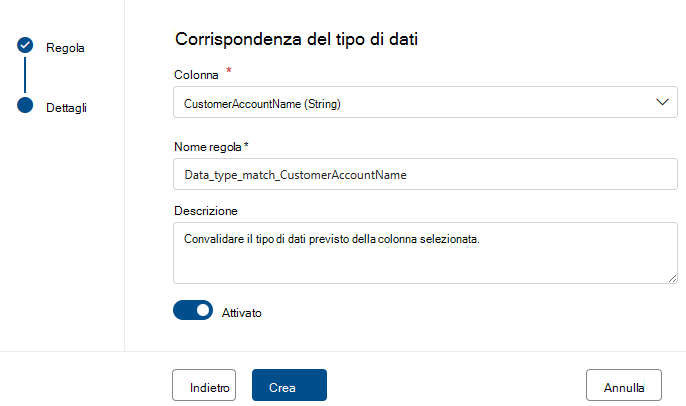 Screenshot del menu per creare una regola di corrispondenza del tipo di dati.