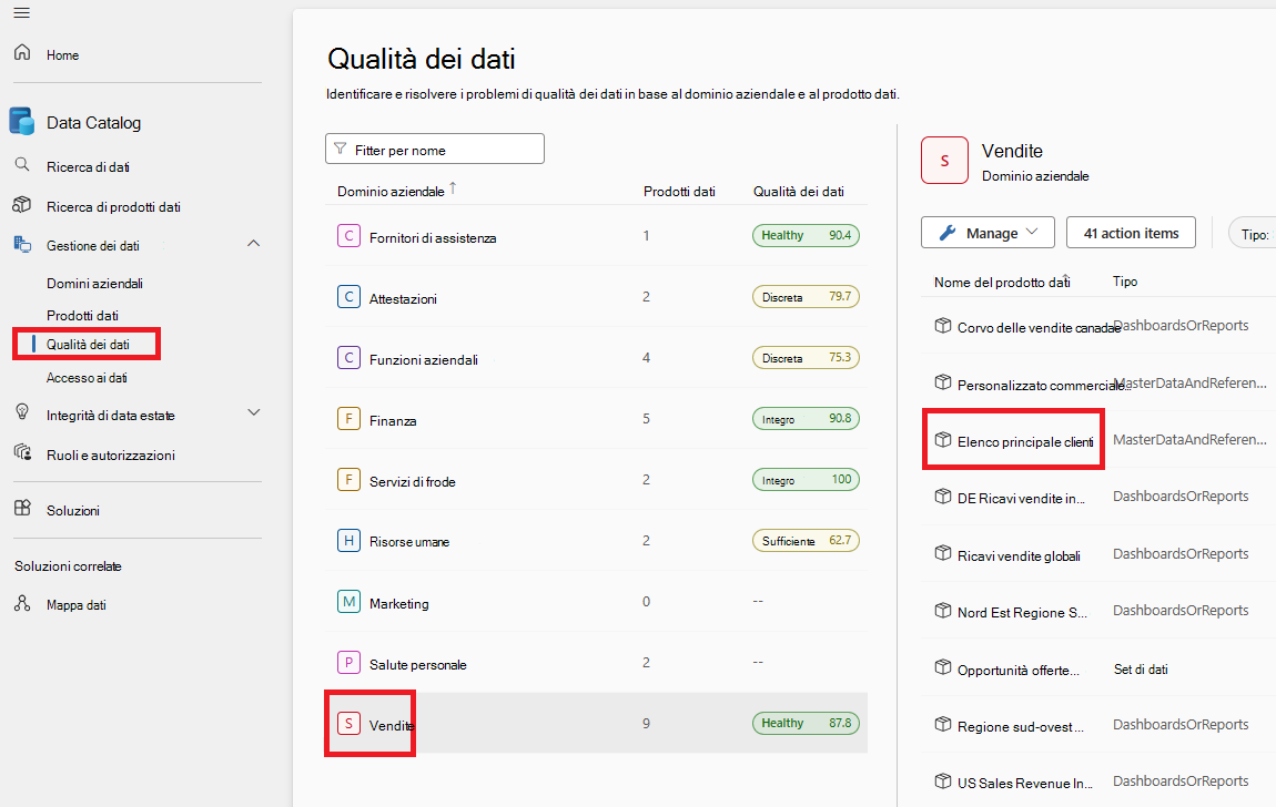 Screenshot della pagina della qualità dei dati, con un dominio di governance selezionato e un prodotto dati evidenziato.