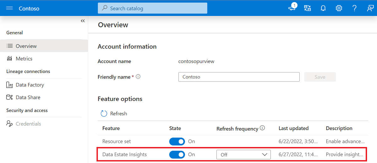 Screenshot della finestra Panoramica nella sezione Gestione del portale di governance di Microsoft Purview. In Opzioni funzionalità è evidenziata l'opzione Data Estate Insights.