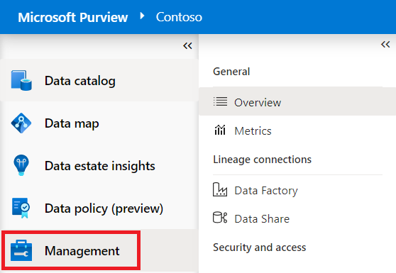 Screenshot del menu a sinistra del portale di governance di Microsoft Purview, con la sezione Gestione evidenziata e la panoramica selezionata nel menu successivo.