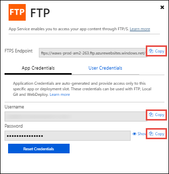 Copiare le stringhe di connessione dal dashboard FTP.