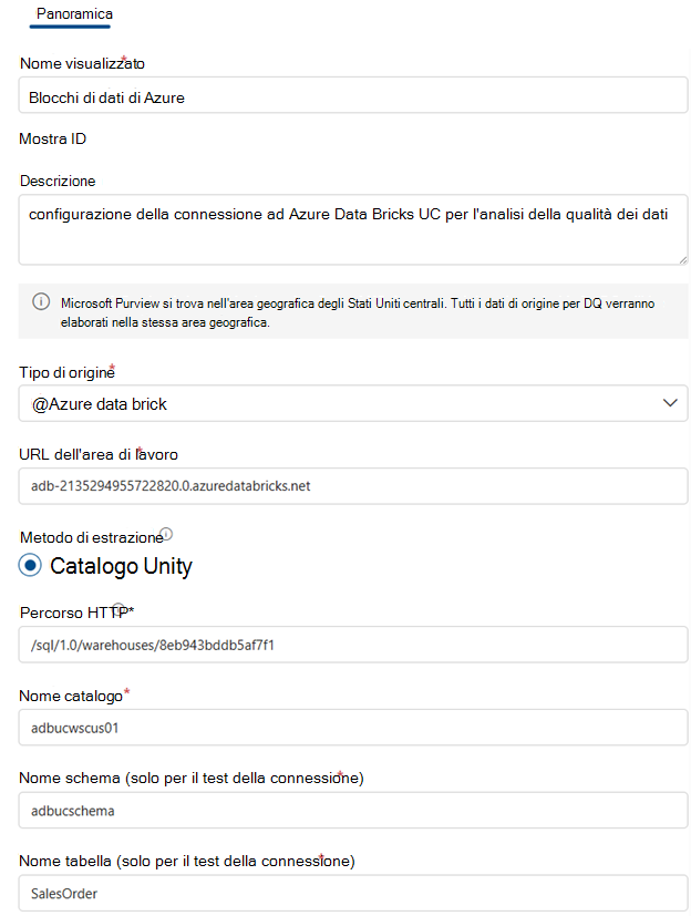 Screenshot che mostra come configurare la connessione uc databricks.