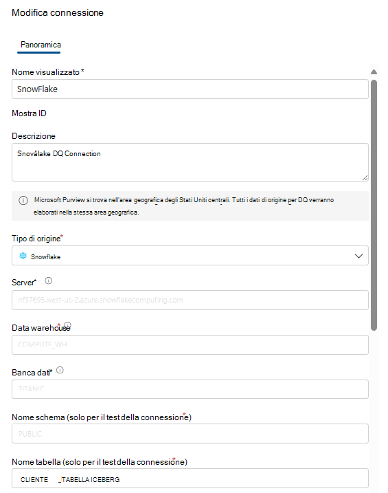 Screenshot che mostra come configurare la connessione snowflake.