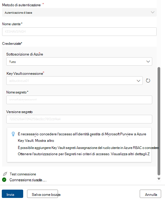 Screenshot che mostra come configurare il token di connessione snowflake.