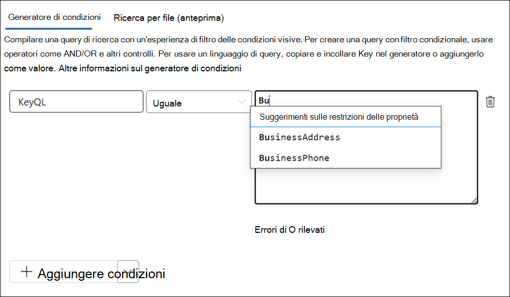 L'editor KeyQL suggerisce le proprietà supportate