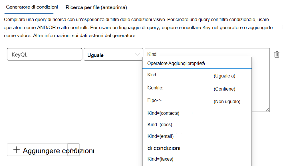 L'editor KeyQL suggerisce i valori per alcune proprietà