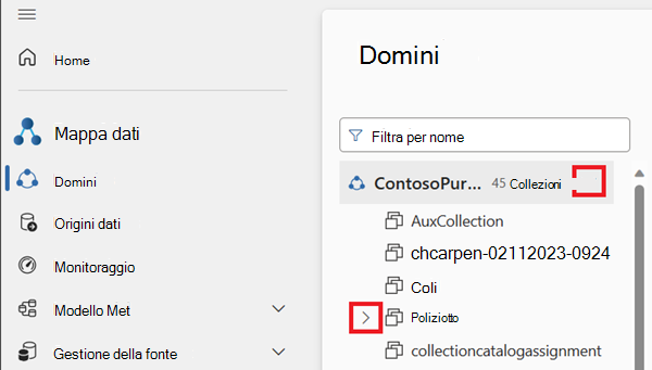 Screenshot del menu dei domini con l'icona a forma di freccia accanto al dominio predefinito e una delle raccolte evidenziate.