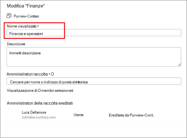 Screenshot della finestra del portale di governance di Microsoft Purview con la finestra rinomina raccolta aperta.