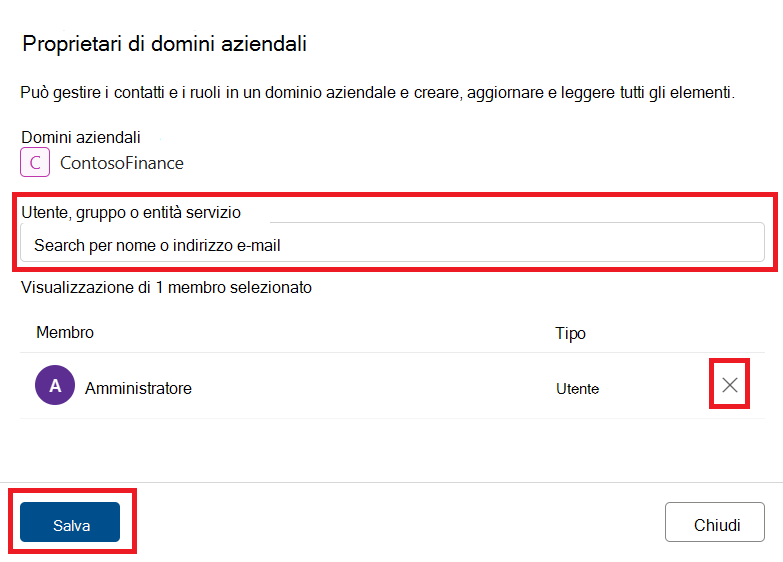 Screenshot della pagina di modifica dei ruoli dei domini di governance con i pulsanti di ricerca, x e salvataggio evidenziati.