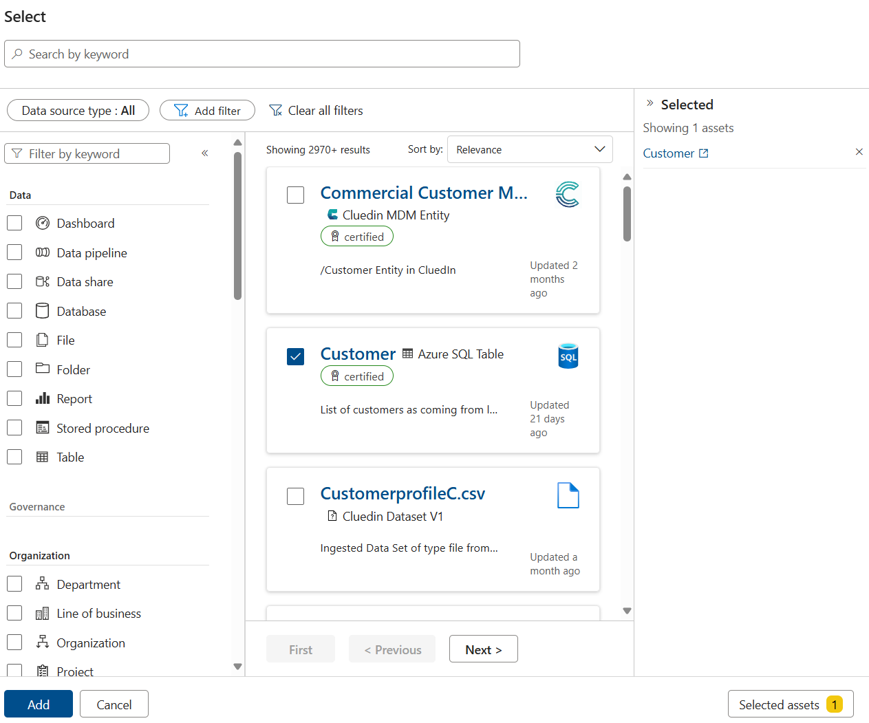 Screenshot della pagina di ricerca degli asset, con un asset attualmente selezionato.