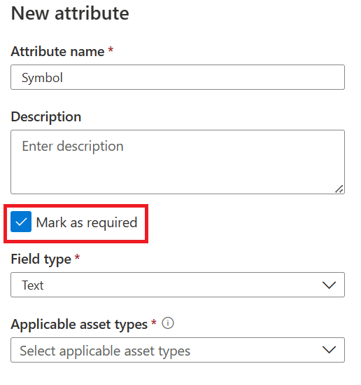 Screenshot del contrassegno come flag obbligatorio in un nuovo attributo creato come parte di un nuovo gruppo di attributi.
