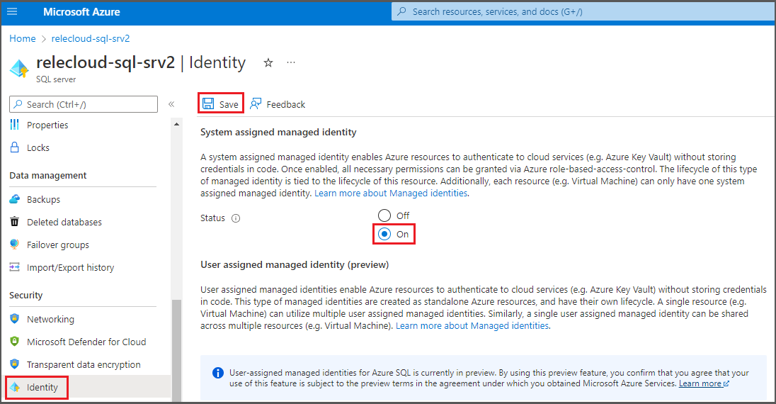 Screenshot che mostra l'assegnazione di un'identità gestita assegnata dal sistema a un server logico associato a Azure SQL Database.