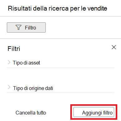 Screenshot che mostra il menu filtro con il pulsante Aggiungi filtro selezionato.