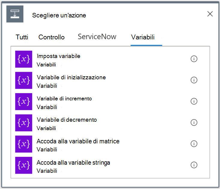 Screenshot delle azioni delle variabili disponibili, visualizzate nella scheda Variabili del menu Scegli un'azione.