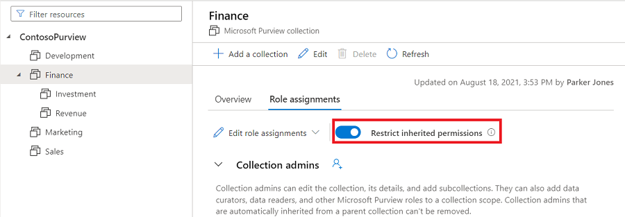 Screenshot della finestra di raccolta del portale di governance di Microsoft Purview, con la scheda assegnazioni di ruolo selezionata e il pulsante di diapositiva Per rimuovere i restrizioni delle autorizzazioni ereditate evidenziato.