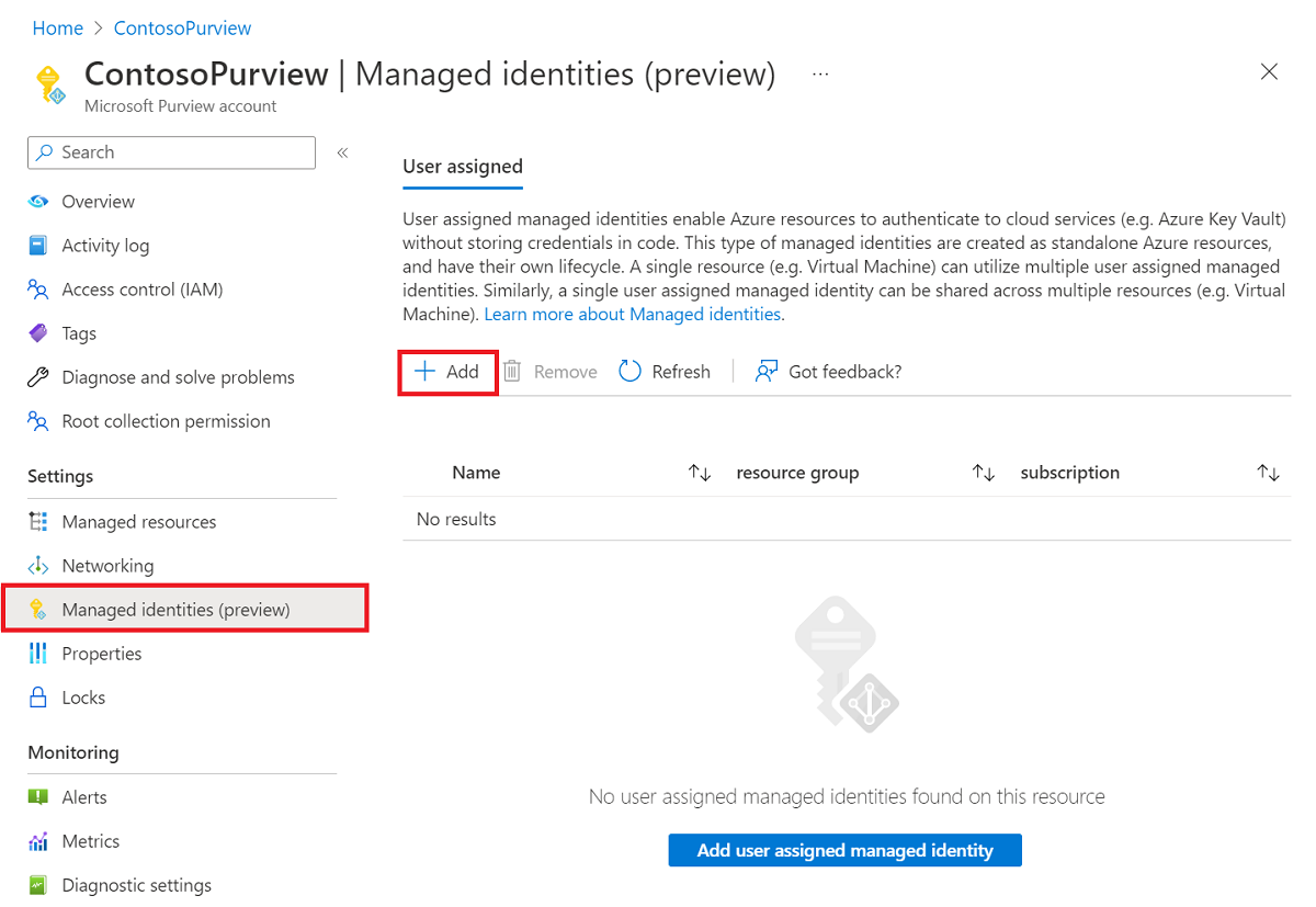 Screenshot che mostra la schermata dell'identità gestita nel portale di Azure con l'assegnazione dell'utente e l'aggiunta evidenziata.