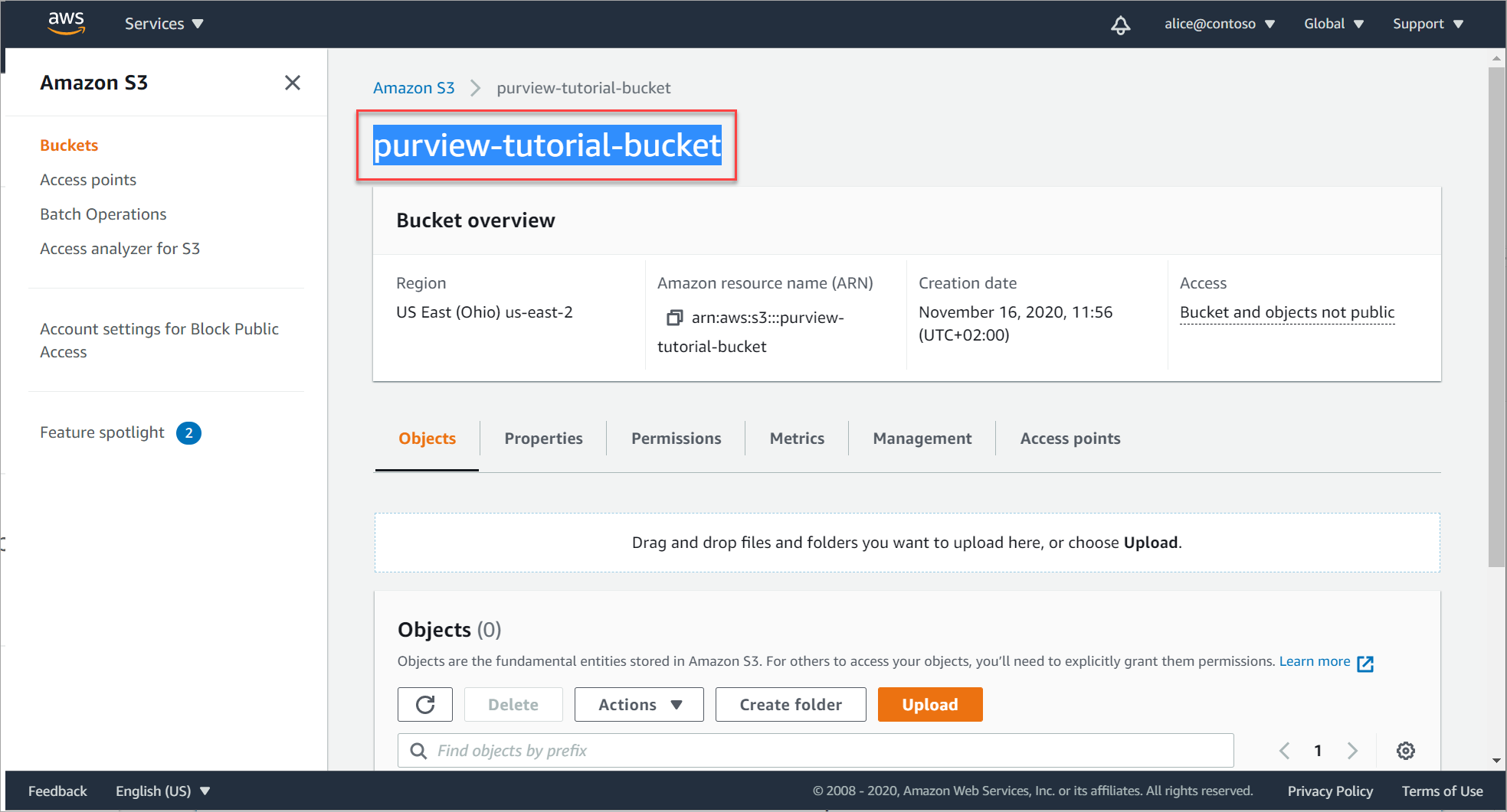 Recuperare e copiare l'URL del bucket S3.