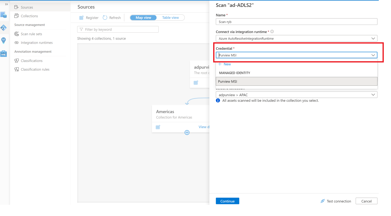 Screenshot che mostra l'opzione identità gestita per eseguire l'analisi