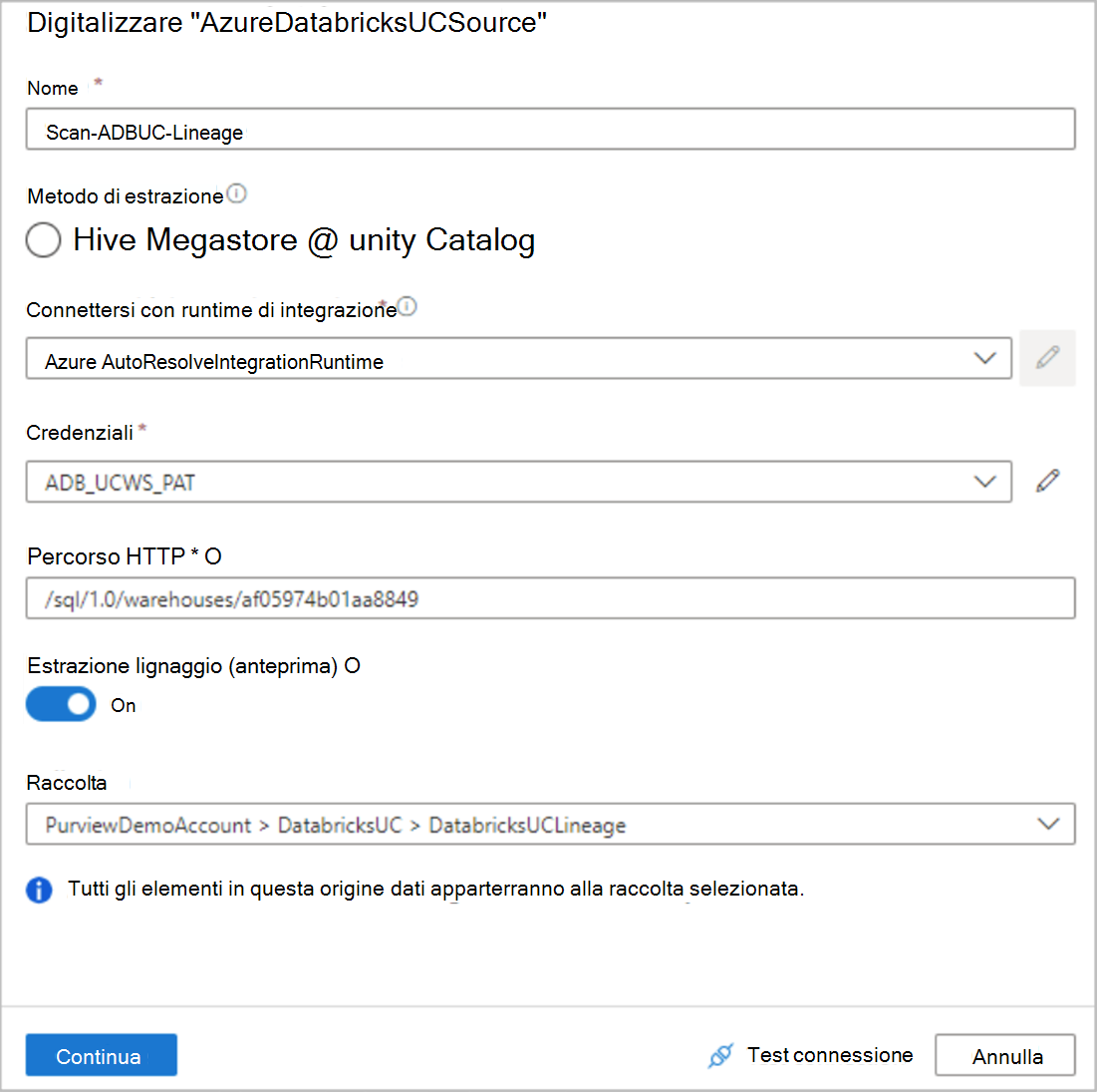 Screenshot della configurazione dell'analisi del catalogo Unity di Azure Databricks.