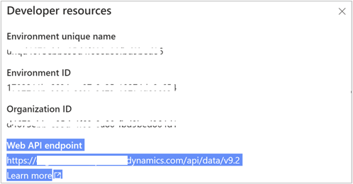 Screenshot che mostra come trovare l'endpoint API Web nelle risorse per sviluppatori.