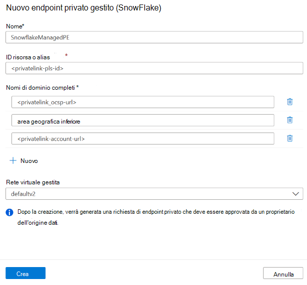 Configurare l'endpoint privato gestito per Snowflake