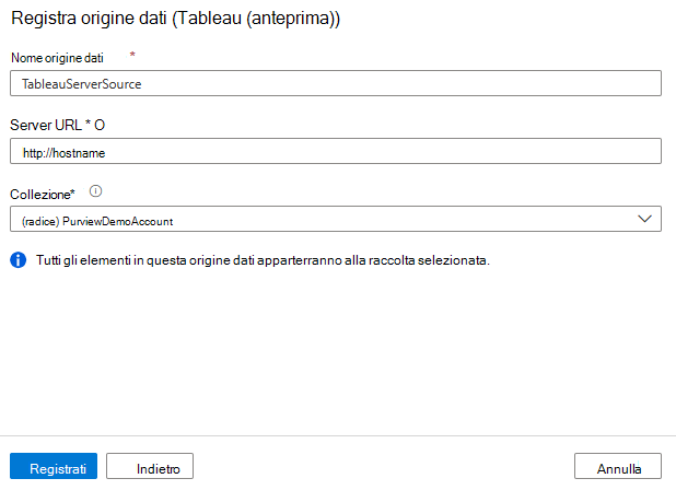 Screenshot della registrazione di un'origine server Tableau.