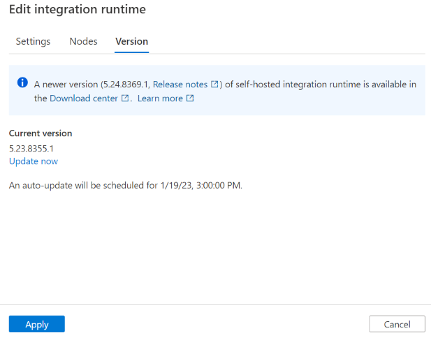 Screenshot del controllo della versione del runtime di integrazione self-hosted e dell'aggiornamento del trigger.