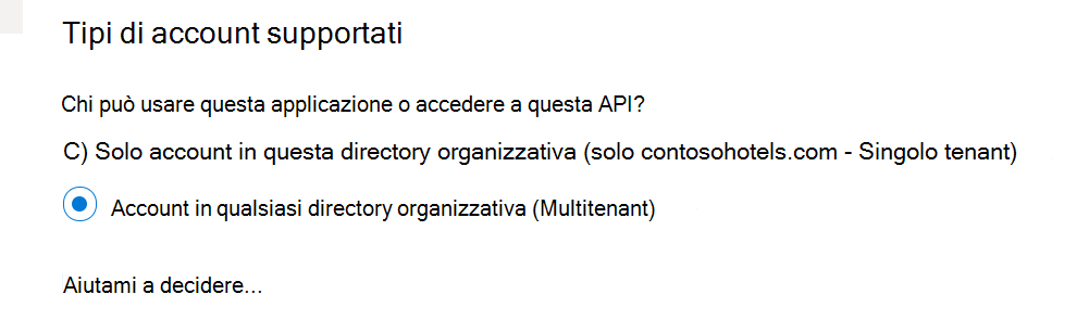 Screenshot del tipo di account che supporta il multi-tenant.