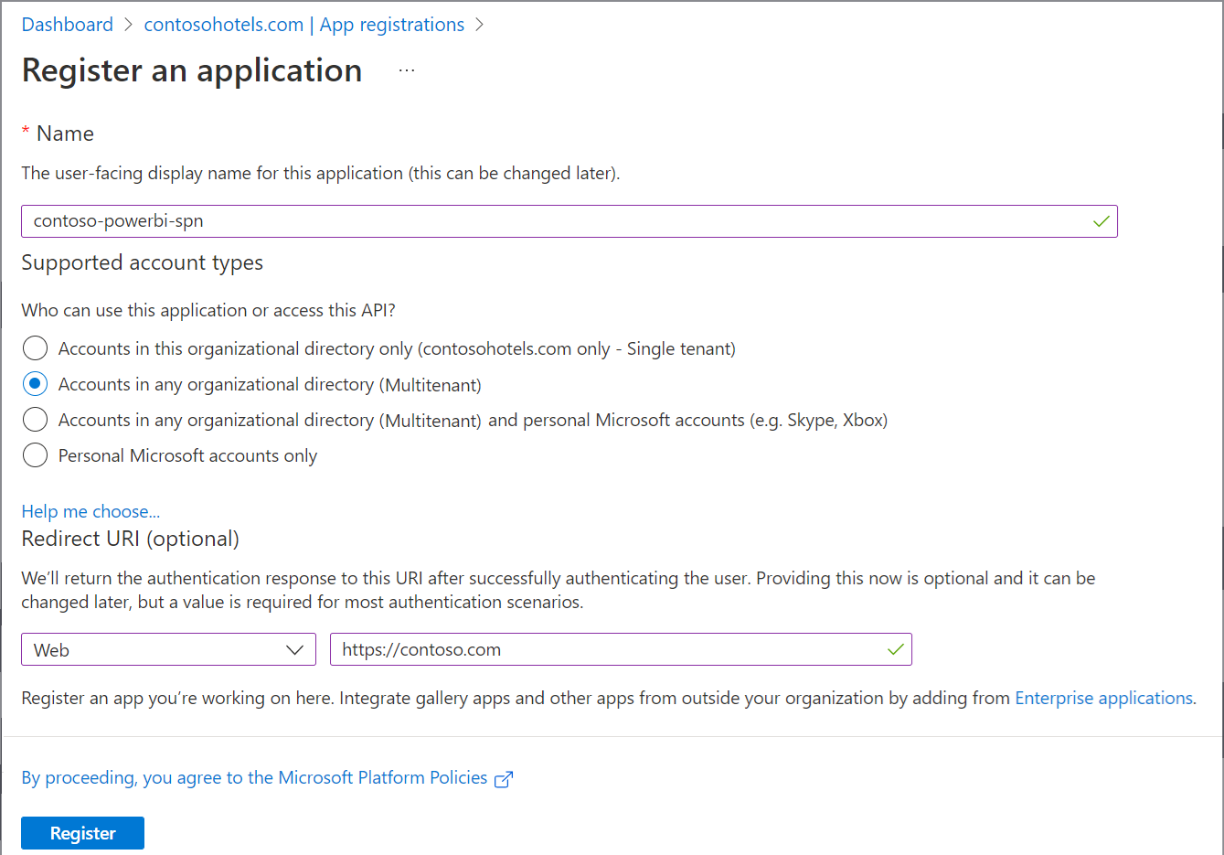 Screenshot di come creare un'app in Microsoft Entra ID per più tenant.