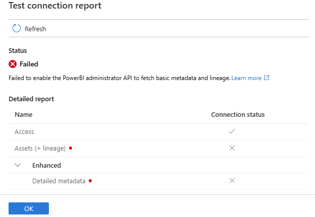 Screenshot della pagina del report sullo stato della connessione di test.