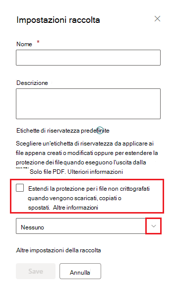 Estendere la casella di controllo autorizzazioni per l'etichetta di riservatezza predefinita della raccolta di SharePoint.