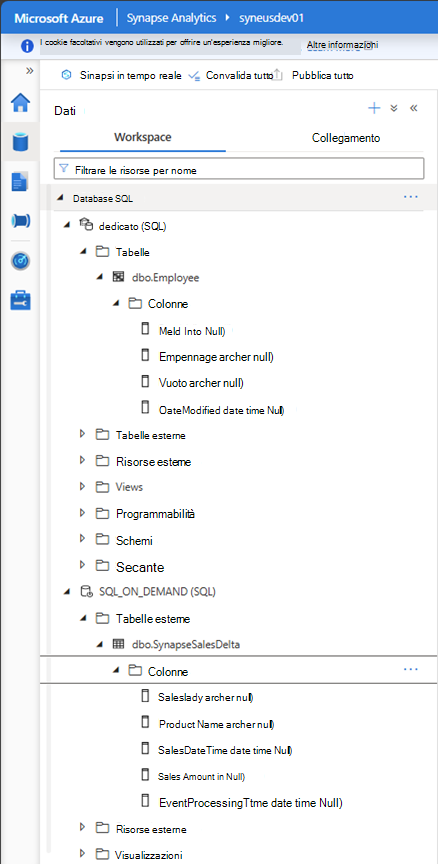 Screenshot dell'area di lavoro synapse Analytics.