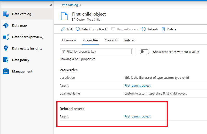 Screenshot della pagina delle proprietà che mostra gli asset correlati con un singolo asset padre.