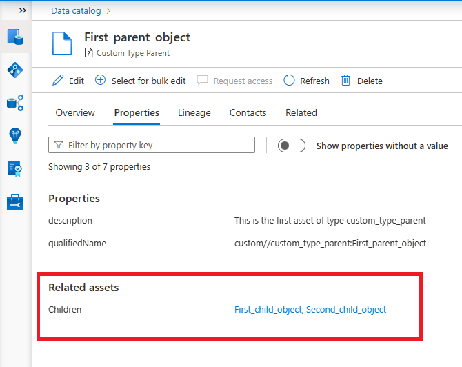 Screenshot del First_parent_object che mostra i due asset figlio evidenziati.