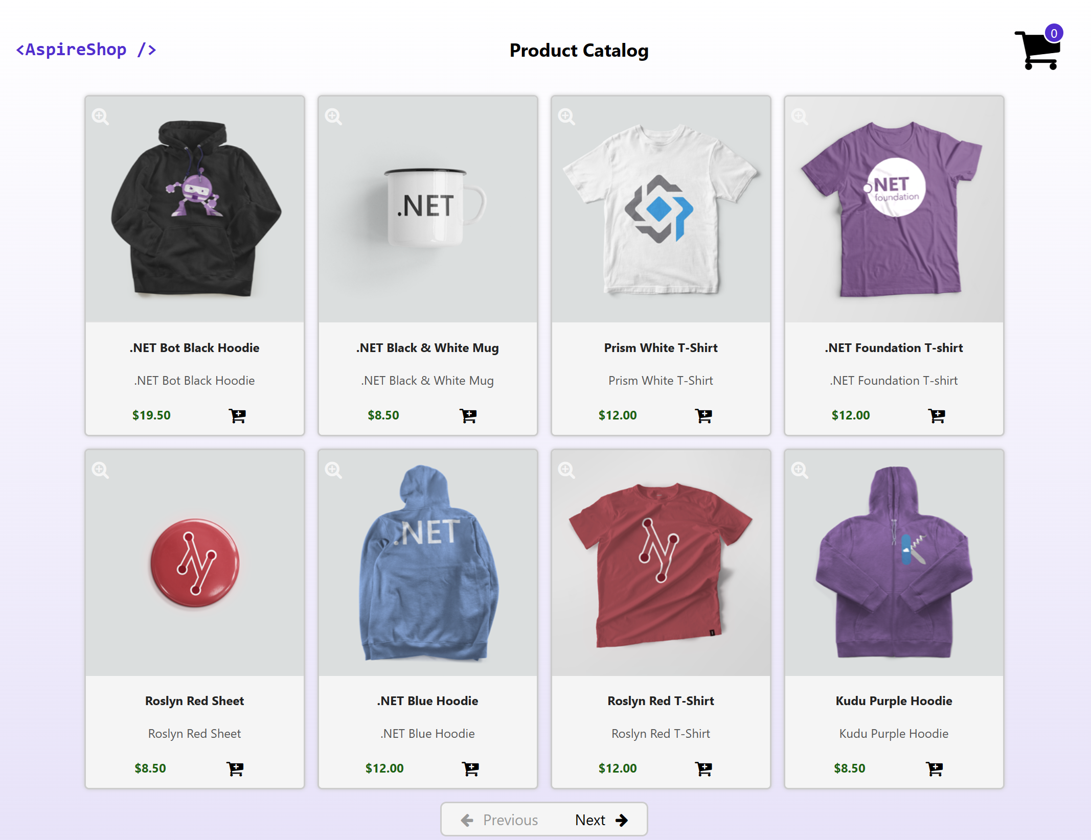 Screenshot of the web front end the .NET Aspire Shop sample