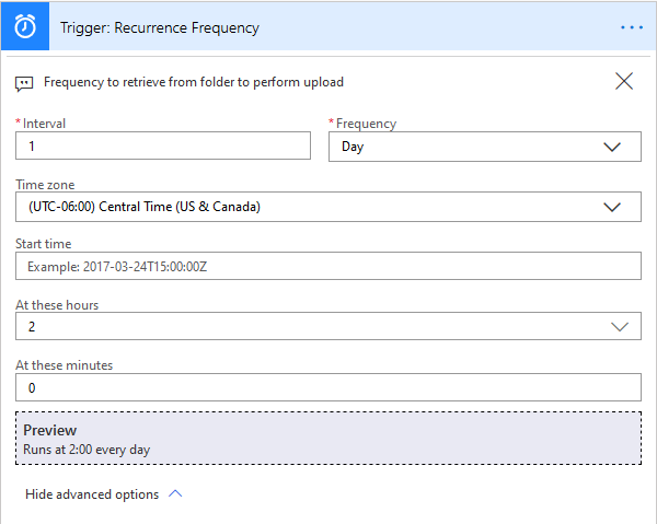 Screenshot che mostra la configurazione della ricorrenza del trigger.